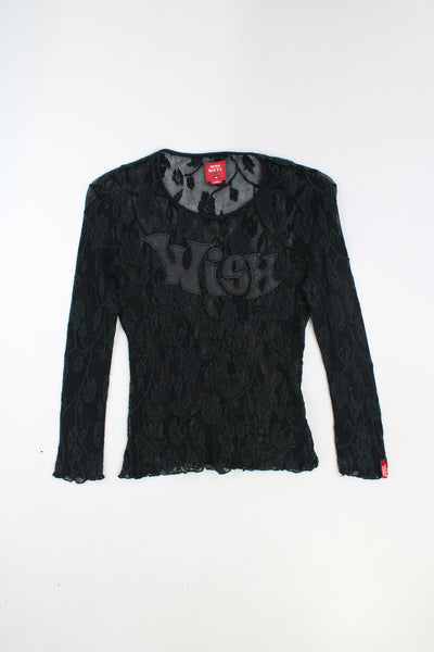 Miss Sixty black lace top, features embroidered faux leather spell-out 'Wish' on the front 