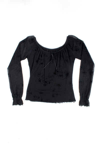 Y2K black mesh overlaid top, features embroidered glittery rose print design, ruffled cuffs and ribbon on the neckline 