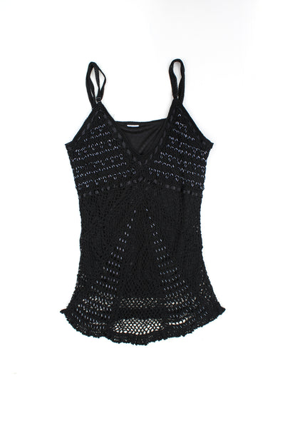 Y2K black crochet cami top with beaded embellishment and adjustable straps 