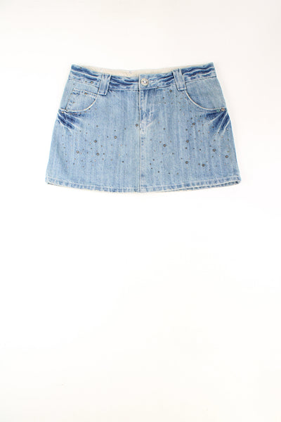 Y2K blue denim mini skirt made by Flamer Jeans. Low rise fit with diamanté and studded detail on the front and back. good condition Size in Label: Womens M