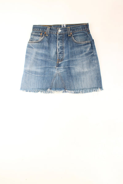 Levi's 501 reworked blue denim, mid rise mini skirt with distressed hem detail. good condition Size in Label: No Size - Measures like a size 10