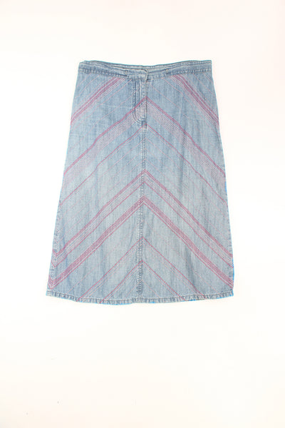 Y2K blue denim skirt by Next with pink contrast stitch chevron pattern throughout. Could be worn mid or low rise depending on measurements.  good condition Size in Label: Womens 10