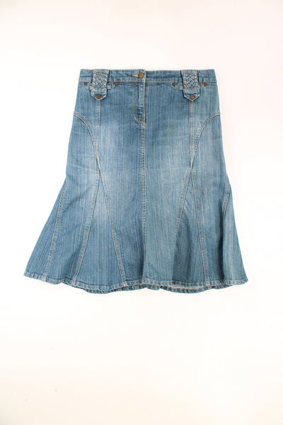 Y2K blue denim midi skirt by Karen Millen. Could be worn mid or low rise depending on measurements. Features braided detail on the belt loops and flair at the hem. good condition Size in Label: Womens 12