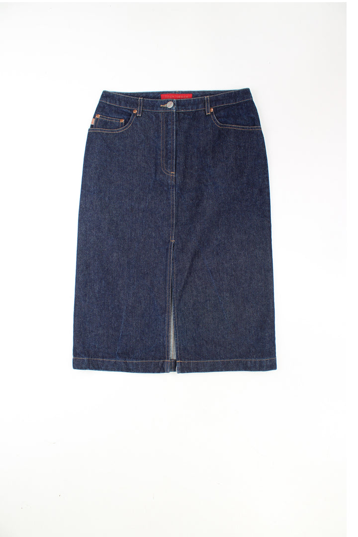 FCUK dark wash denim midi skirt. Could be worn mid or low rise depending on measurements.  good condition Size in Label: Womens 8