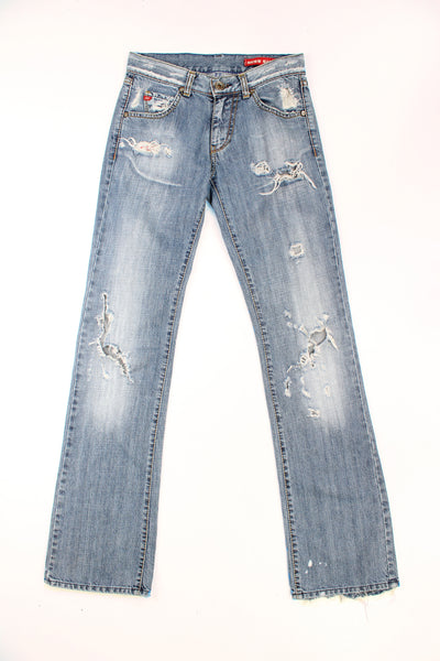 Y2K Miss Sixty low rise bootcut jeans with distressed detail throughout.  good condition  Size in Label: 26 - Womens XS