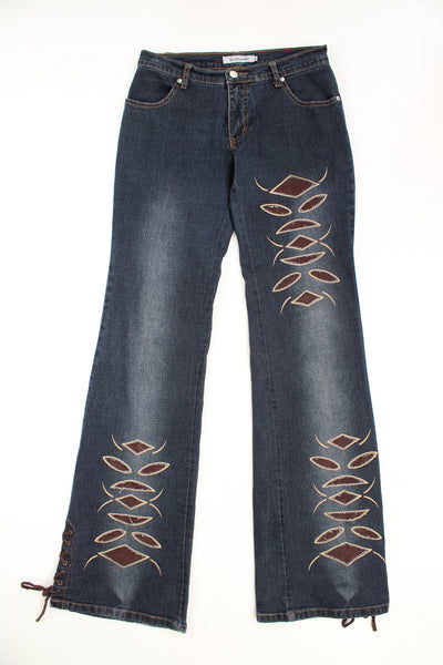 Y2K Rottweiler low rise bootcut jeans with embroidered faux suede cut out detail on the legs and lace up detail on the cuffs. good condition  Size in Label: 40 - Womens M