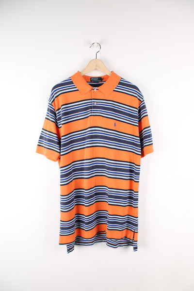 Vintage Ralph Lauren orange and blue striped polo shirt, features embroidered logo on the chest