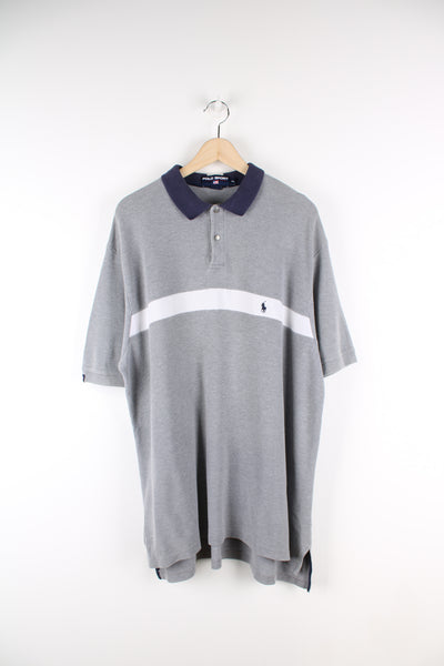 Vintage Polo Sport grey with white stripe polo shirt, features embroidered logo on the chest