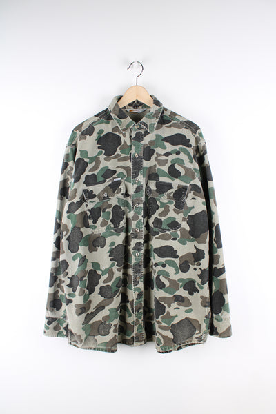 Vintage Carhartt camo workwear shirt, button up with double chest pockets, and embroidered logo on the front.