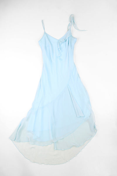Y2K New Look midi dress with asymmetrical ruffle on hem line and neckline (laid flat in the photos). Made from a powder blue sheer outer layer with blue layer underneath.