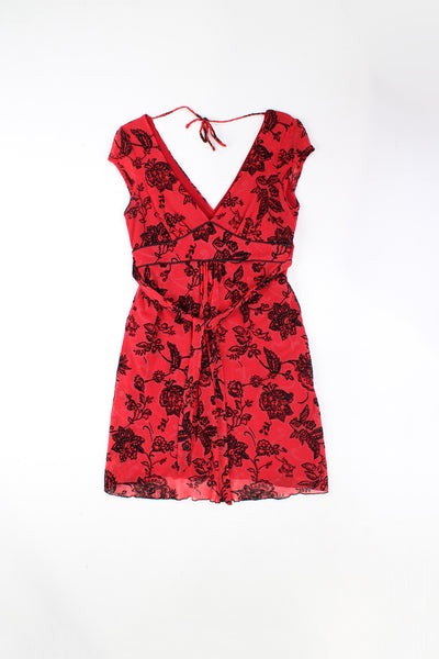 Vintage Y2K red with black floral print midi dress, features v neck and belt that can be  tied in the front or back