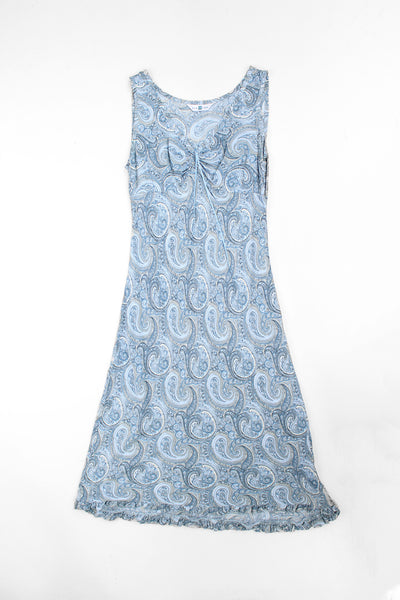 Baby blue paisley print 90's New Look maxi dress with ruched neckline and frilled hem 