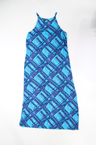 Bright blue and purple abstract print 90's New Look maxi dress with high neckline