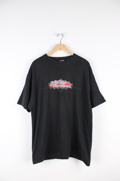 Vintage Harley Davidson Motorcycles T-shirt in black, graphic barbed wire logo on the front and bike graphic on the back.