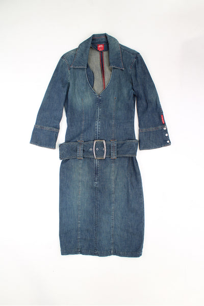 Vintage Y2K Miss Sixty denim zip up body-con dress with 3/4 length sleeve, big belt detail and deep v-neck 