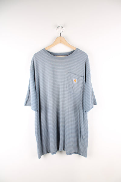 Vintage Carhartt T-shirt in a striped blue colourway, with a chest pocket and embroidered logo. 