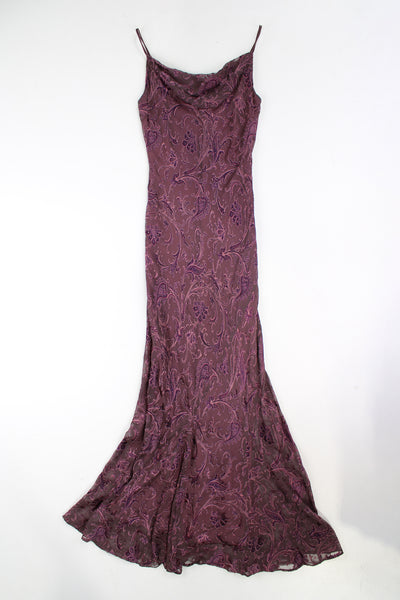 Y2K purple maxi dress by Monsoon, features all over paisley design and cowl neck