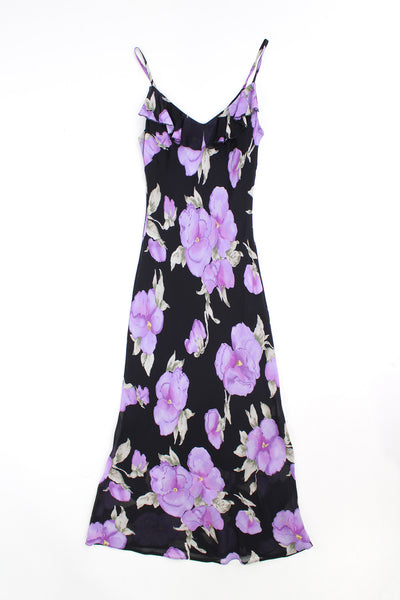Y2K New Look maxi dress with ruffle on the neckline (laid flat in the photos). Made from a black floral outer layer with black layer underneath. 