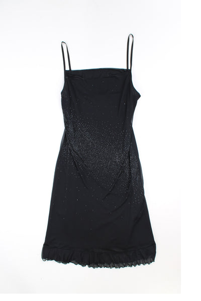 Black Y2K midi length dress features glittery embellishment in the centre and cowl neck ,made from a stretchy fabric 