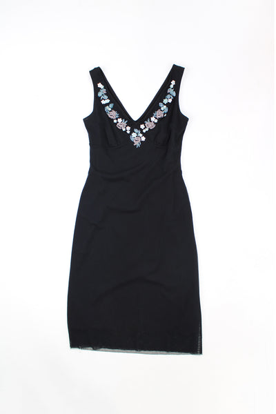 Black Y2K mid length dress by Oasis features floral beaded embellishment along the neckline