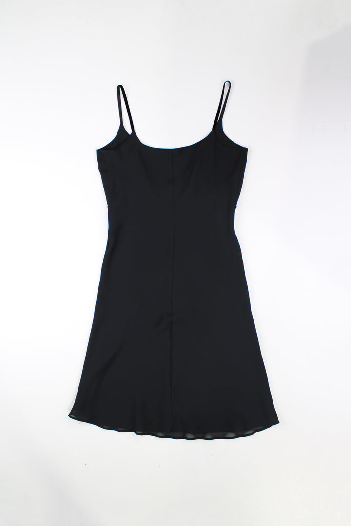 90's New Look black sheer midi dress with velvet piping and spaghetti straps 