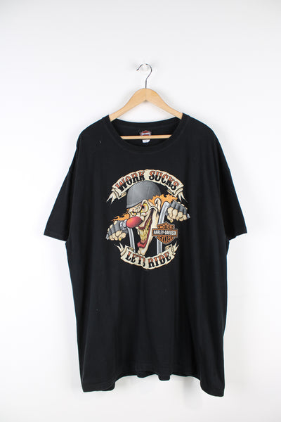 Vintage Harley Davidson Motorcycles Morgan Hill, California T-shirt in black, biker clown graphic printed on the front and logo printed on the back. 