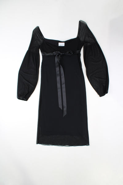 2000's black sheer midi dress, features ribbon detailing on the neckline and sheer sleeves 