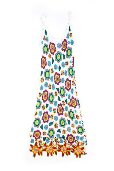 Y2K white with multicoloured flowers, crocheted maxi dress with spaghetti straps 