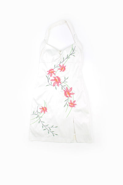 Y2K Jane Norman white satin halter neck dress with embroidered floral design on the front 