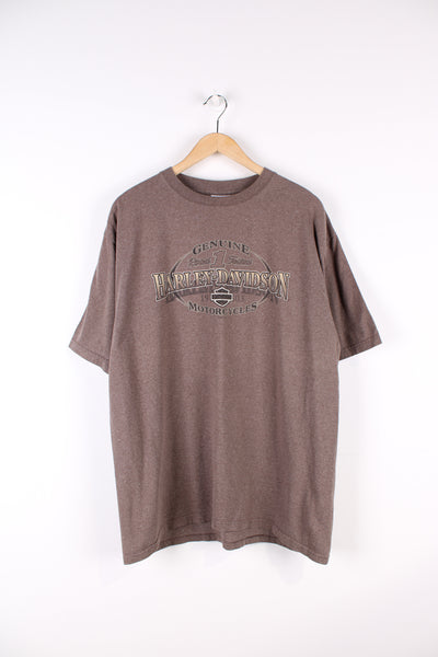 Vintage Harley Davidson Motorcycles Jamestown, California T-shirt in brown, printed spell out logo across the front, as well as Jamestown graphic printed on the back.