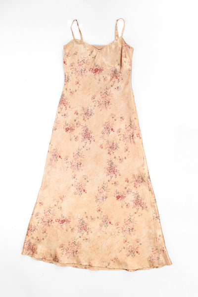 Y2K champagne / light bronze satin maxi dress, features all over floral print, small lace trim on the neckline and adjustable straps 
