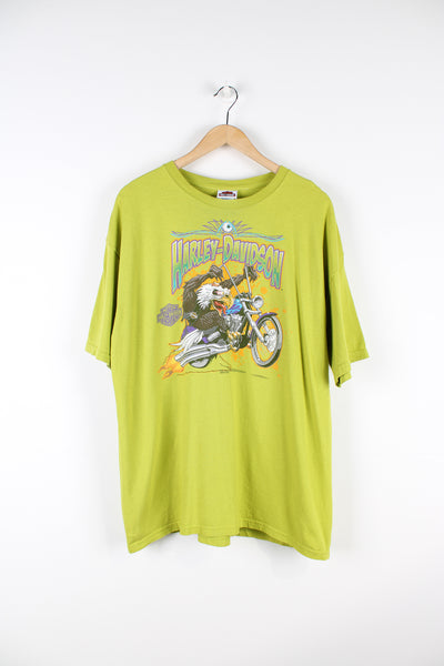 Vintage Harley Davidson Motorcycles Las Vegas, Nevada T-shirt in green, trippy eagle graphic printed on the front, and Las Vegas city graphic printed on the back. 