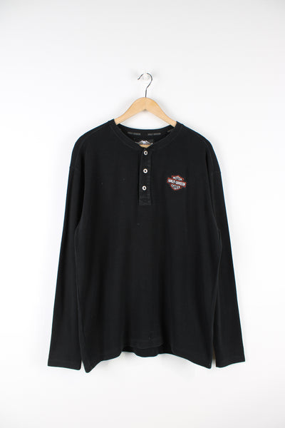 Vintage Harley Davidson motorcycles long sleeve T-shirt in black, heavy cotton, button up with embroidered logos on the front and back. 