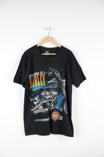 Vintage 1996 Harley Davidson single stitch T-shirt in black, big motorcycle graphic design printed on the front, and big logo on the back. 