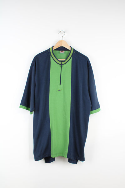 Vintage Nike t-shirt in a navy blue and green. Made in a cycle shirt style with 1/4 zip neckline.  good condition - some bobbling around the neck and light mark on the shoulder (see photos) Size in Label: XL