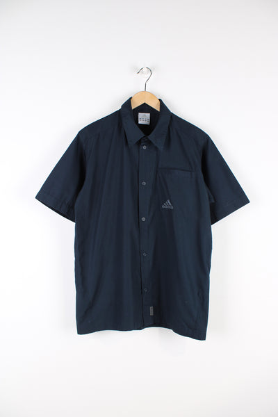 Adidas navy blue button up cotton shirt, features embroidered logo on the chest