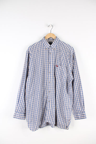 Kickers blue and tan plaid button up shirt, features embroidered logo on pocket 