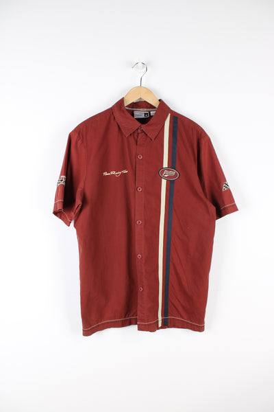 Vintage Puma racing style maroon red cotton shirt features embroidered logos and badges on the chest 