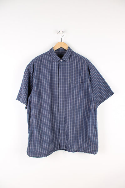 Kickers indigo blue plaid button up shirt, features embroidered logo on pocket