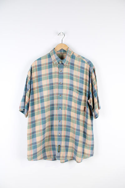 Timberland green, blue and tan plaid cotton shirt, features chest pocket  