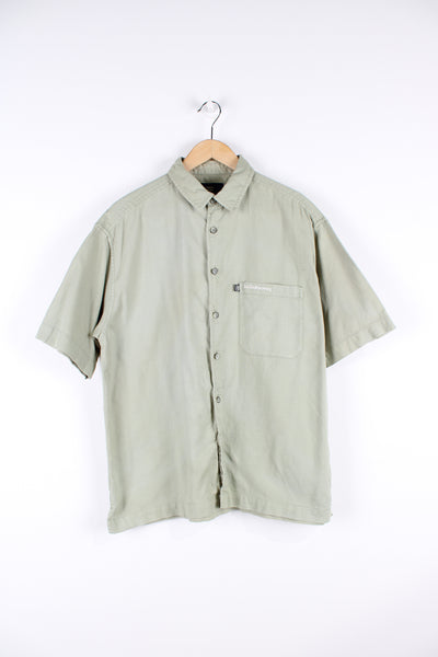 Billabong button up sage green, textured shirt, features embroidered logo on the chest pocket