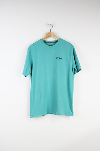 Patagonia turquoise t-shirt with printed logo on the chest and back. good condition Size in label: Mens S 