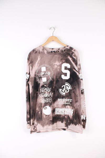 Stussy long sleeve all over tie dye/bleached t-shirt, features printed graphics all over the front, back and sleeves 