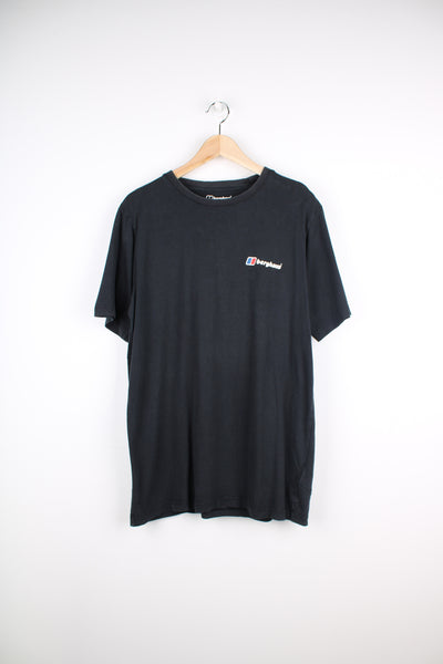 Berghaus black t-shirt with printed logo on the chest and back good condition - black colour has slightly faded due to washing Size in label: Mens L - Measures more like a M 