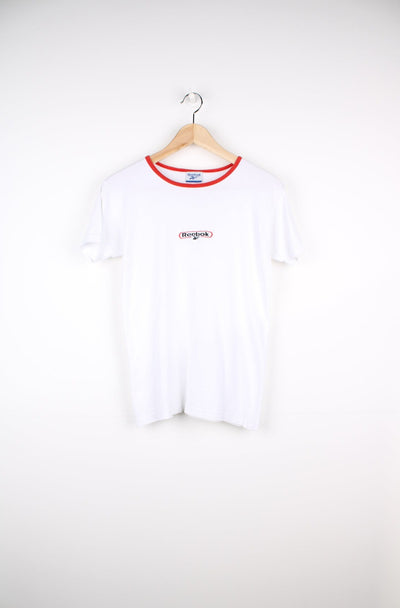 Y2K white Reebok fitted t-shirt with embroidered logo on the chest and red piping around the neck. good condition  Size in Label: Womens M 