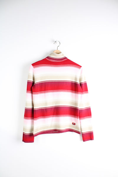 Vintage Ellesse acrylic thin knit roll neck with rubber logo on the hem. Horizontal stripe pattern in red, pink, tan and cream.  good condition  Size in Label:  UK women's size 14 (L)
