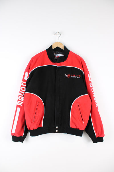 Vintage Dodge Motorsports red cotton jacket by Racing Champion Apparel, features embroidered "Dodge Motorsports" logo on the chest, back and sleeves