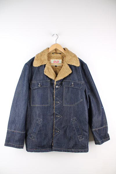 Vintage 00's Schott NYC denim chore jacket features shearling style lining and multiple pockets