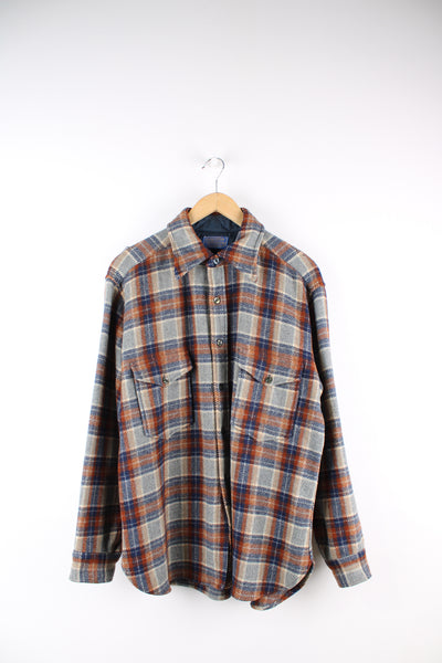 Vintage Pendleton grey, brown and blue pure wool plaid shirt, features quilted lining and chest pocket