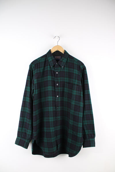 Vintage 70's/80's Pendleton green and blue plaid wool button up shirt with chest pocket